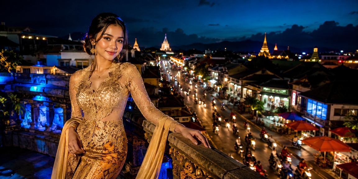 Suasana pasar malam dengan lampu kasino berkilauan